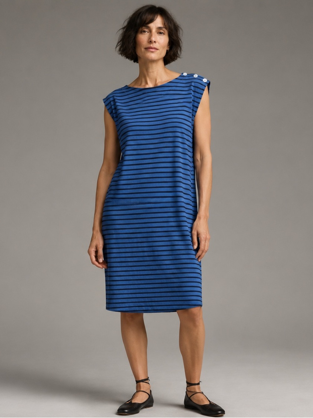 Cut loose cotton linen blend blue striped tank dress